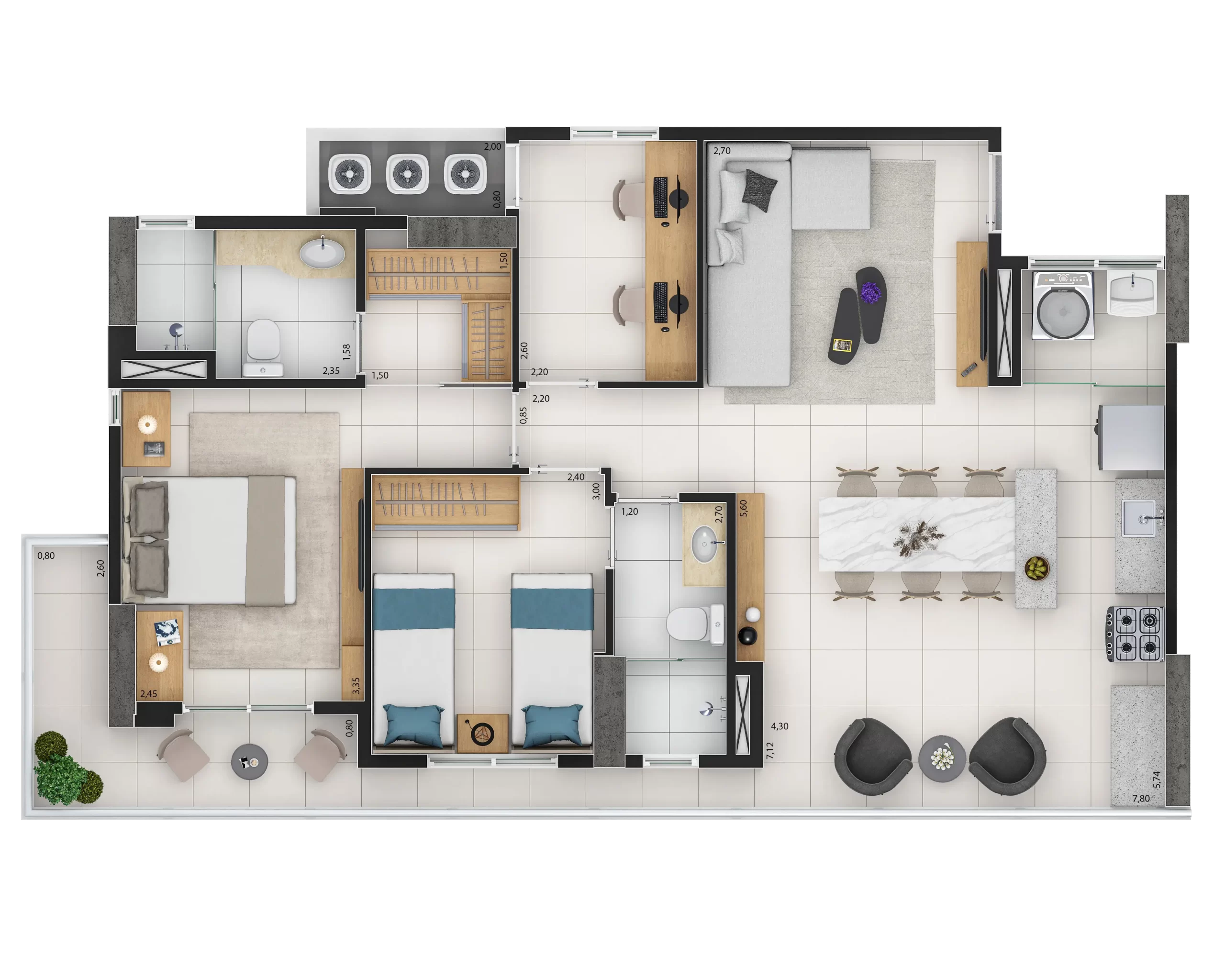 APTO. TIPO A INTEGRAÇÃO TOTAL: 82,83m²